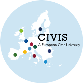 Un círculo azul claro contiene un mapa blanco de Europa con puntos de colores que marcan diferentes ubicaciones. El texto dice "CIVIS: Una universidad cívica europea".