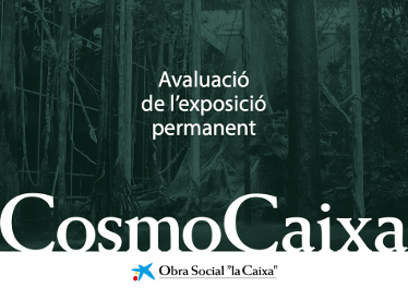 Cartel verde oscuro y blanco de "CosmoCaixa" con el texto en catalán "Avaluació de l'exposició permanent" (Evaluación de la exposición permanente). El logotipo de "Obra Social 'la Caixa'" aparece en la parte inferior, con un icono de estrella azul y roja.