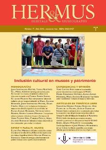 Portada de la revista HER&MUS Heritage and Museography, centrada en la inclusión cultural en los museos y el patrimonio. La mitad superior contiene el título y una foto de un grupo de personas alrededor de una exposición. La mitad inferior contiene títulos de monografías y varios artículos.