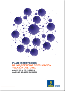 Portada de un documento titulado "Plan Estratégico de los Servicios de Educación y Acción Cultural", con esferas moradas interconectadas y el logo del Gobierno de Canarias en la parte inferior derecha.