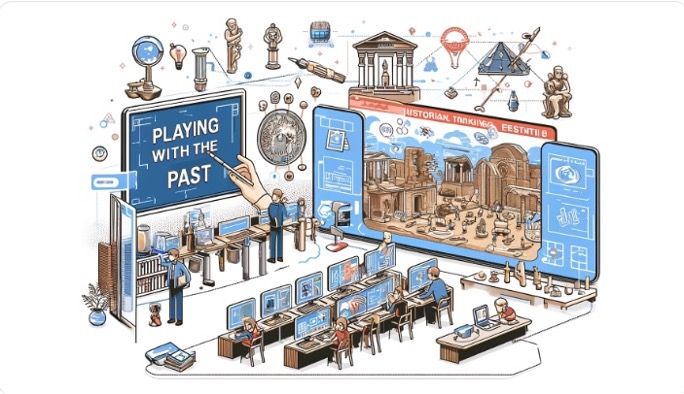 Detailed illustration of a research environment with a historical theme. Several people work in front of computers analysing ancient artefacts, coins and historical sites shown across various screens and models. The text “Playing with the past” is displayed prominently.